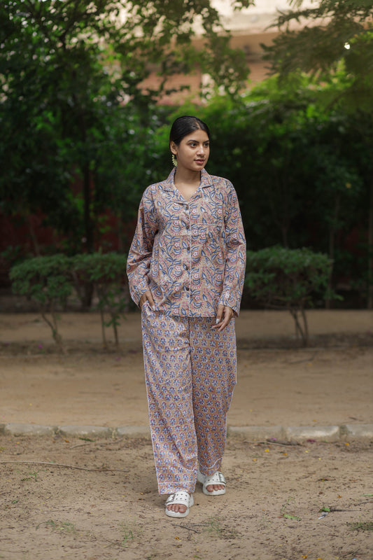 Women’s 100% Cotton Pajama Set, Handblock Artisanal Floral Print Nightwear, Soft Breathable PJs with Pockets, Gardenia Co-Ord Set Loungewear