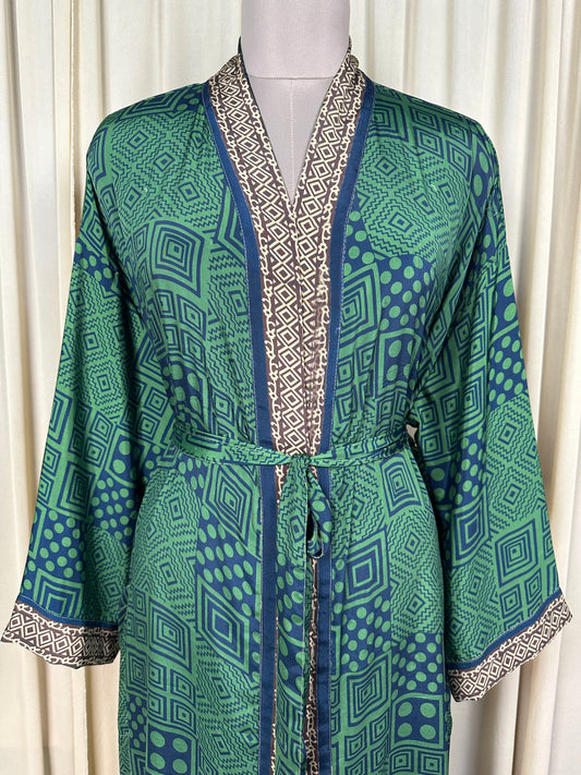 Recycle Silk Sari Women Kimono | Boho Chic Beach Cover Up Vintage Lounge Dressing Robe | Resort Wear Regal Gypsy House Robe, Green Geometric