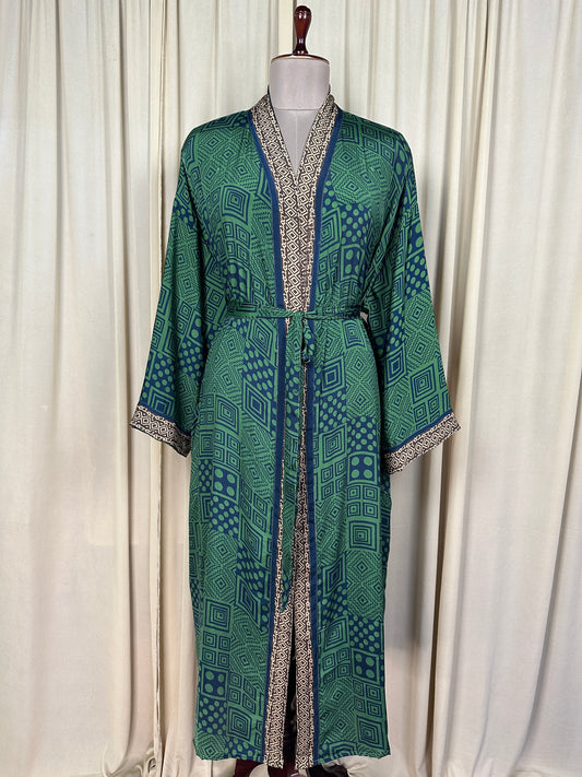 Recycle Silk Sari Women Kimono | Boho Chic Beach Cover Up Vintage Lounge Dressing Robe | Resort Wear Regal Gypsy House Robe, Green Geometric