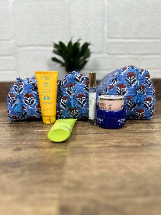 Block Print Toiletry & Makeup Bag | Quilted Wash Bag | Set of 3
