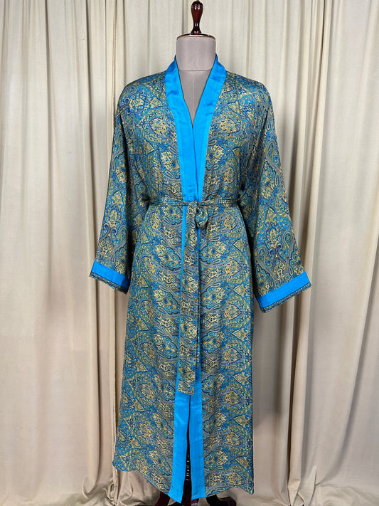 Recycle Silk Sari Women Kimono | Boho Chic Beach Cover Up Vintage Lounge Dressing Robe | Resort Wear Regal Gypsy House Robe, Blue Paisley