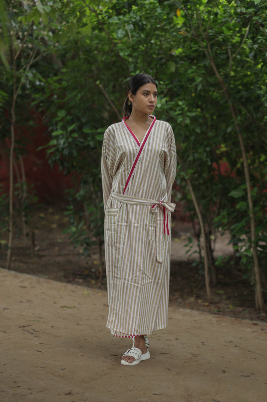 Women Cotton Kimono Robe, Reversible Striped Boho Loungewear, Lightweight Spa Beach Resort Outfit with Pockets, One Size Breathable Bathrobe