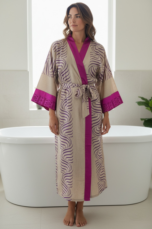Recycle Silk Sari Women Kimono, Boho Chic Beach Cover Up Vintage Lounge Dressing Robe l Resort Wear Regal Gypsy House Robe Beige Geometric