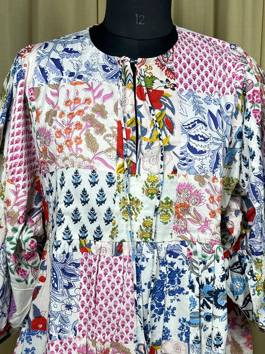 White Patchwork Cotton Dress: Hand-Stitched Block Print, Fits XXL
