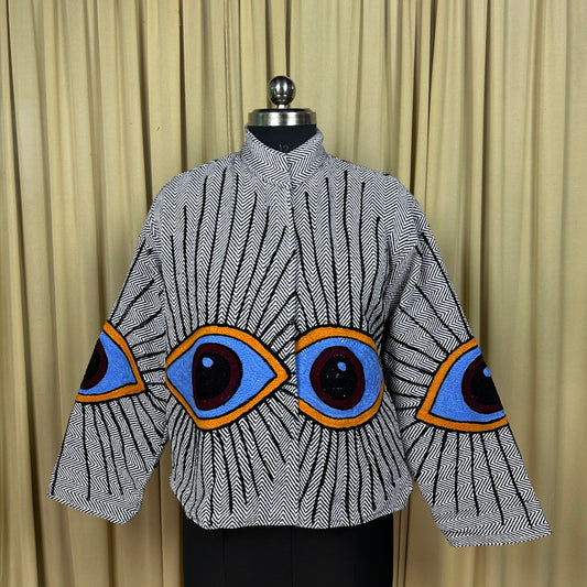 Boho Hand Embroidered Cotton Suzani Jacket | White Geometric Open Front Coat Winter Wear Free Size Retro Chic Free Size Robe Blazer for Her