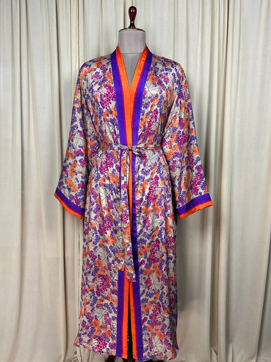 Recycle Silk Sari Women Kimono | Boho Chic Beach Cover Up Vintage Lounge Dressing Robe l Resort Wear Regal Gypsy House Robe, Beige Geometric