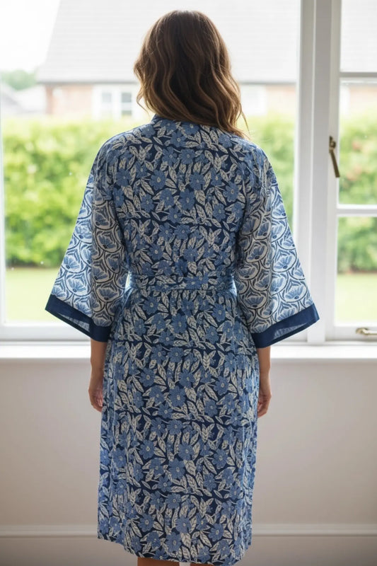 Pure Cotton Handblock Kimono | Indian Printed Summer House Robe, Boho Beach Coverup Kaftan, Bridesmaid Maternity Dressing Gown, Gift For Her