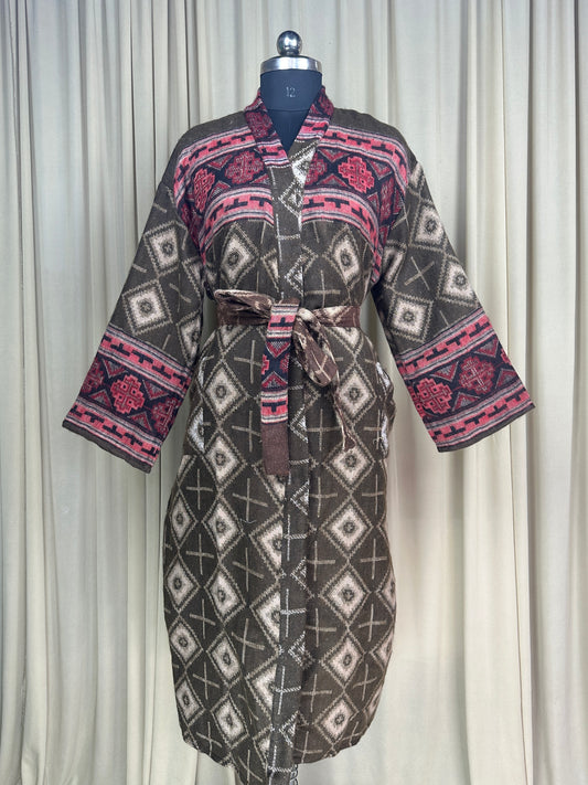 Yak Wool Blend Women Kimono Robe, Cozy Winter Romance Loungewear, Brown Diamond Print Cardigan House Coat with Pockets, Quirky Christmas Gift For Her