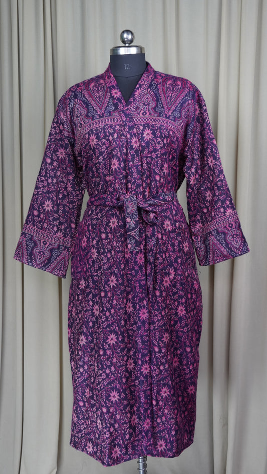 Yak Wool Blend Women Kimono Robe, Cozy Warm Winter Romance Loungewear, Purple Floral Cardigan House Coat with Pockets, Quirky Christmas Gift For Her