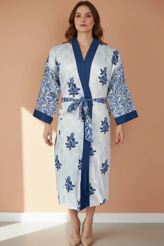 Pure Cotton Handblock Kimono | Indian Printed Summer House Robe, Boho Beach Coverup Kaftan, Bridesmaid Maternity Dressing Gown, Gift For Her