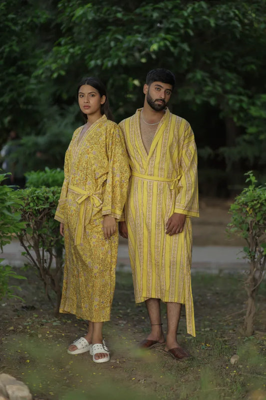 Men’s Long Cotton Kimono Robe, Striped Boho Loungewear with Pockets, One Size Breathable Lightweight Beach Resort Spa Outfit Festival Kimono