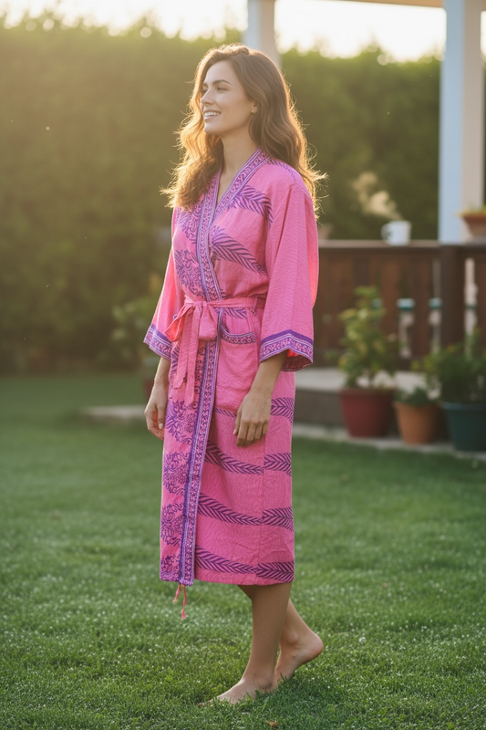 Recycle Silk Sari Women Kimono | Boho Chic Beach Cover Up Vintage Lounge Dressing Robe l Resort Wear Regal Gypsy House Robe | Pink Floral