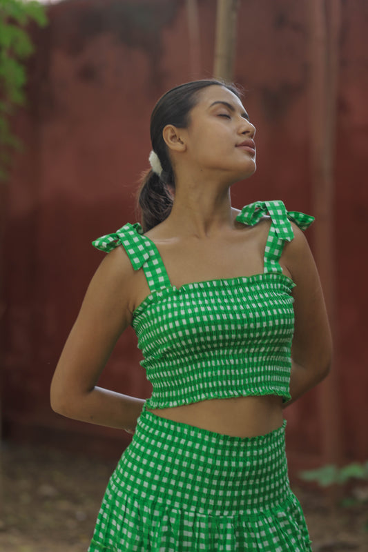 Women Cotton Boho Top and Skirt Set, Indian Hand Block Check Print, Adjustable Tie Straps, Summer Crop top Skirt Matching Set, Vacation Wear