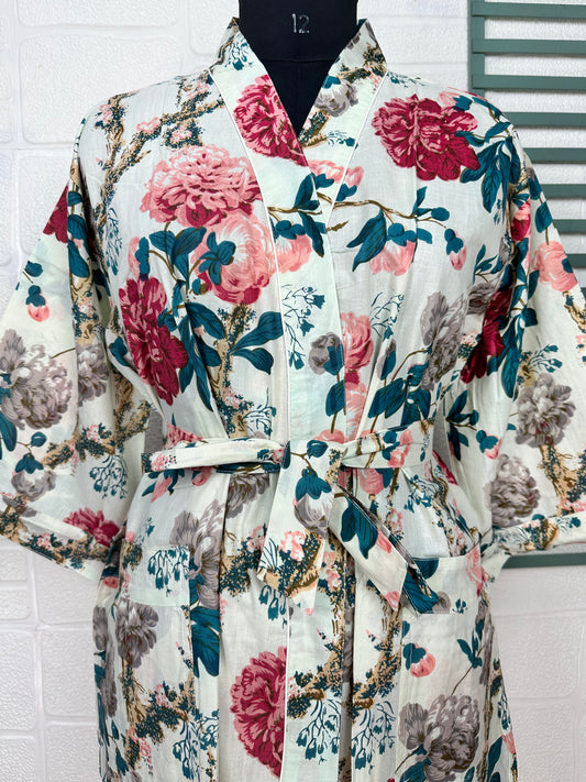 Handprinted Cotton Kimono Robe: Floral Boho Beach Cover-Up