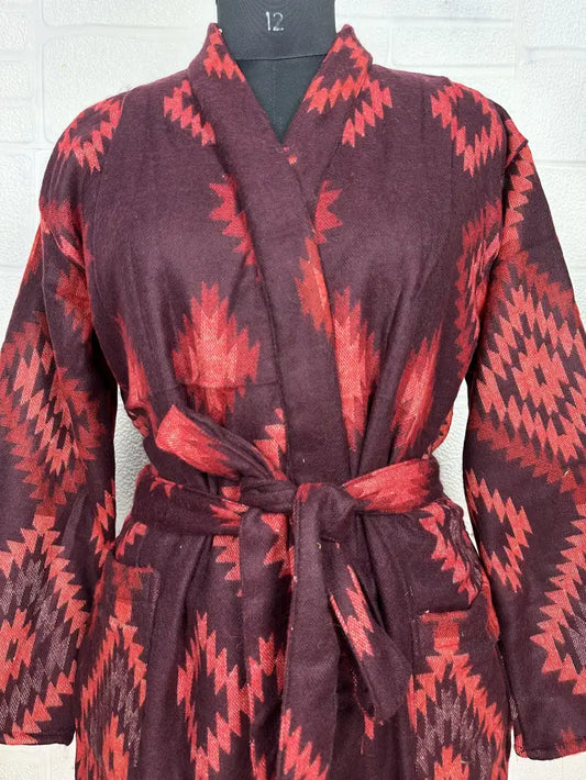 Unisex Yak Wool Blend Geometric Diamonds Kimono/Robe | Luxurious Black Red Teal Urban Floral Print | Warm Hygge Christmas Gift for Her & Him