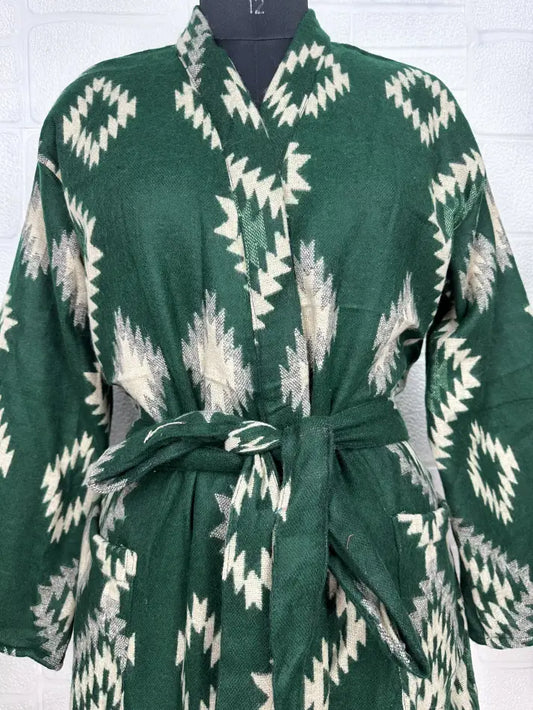 Unisex Yak Wool Blend Geometric Diamonds Kimono/Robe | Luxurious Green Beige Teal Urban Floral Print | Warm Hygge Christmas Gift for Her & Him