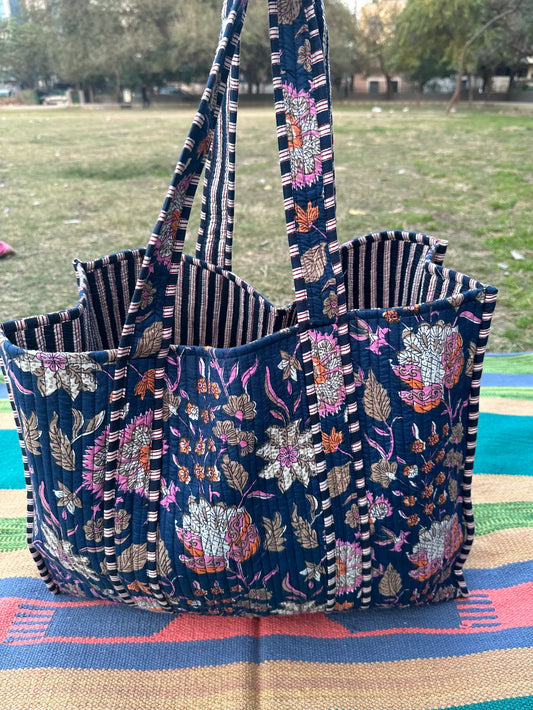 Quilted Cotton Extra Large Tote Bag, Reversible Weekender Shoulder Bag, Eco Friendly Sturdy Grocery Shopping Rich Blue