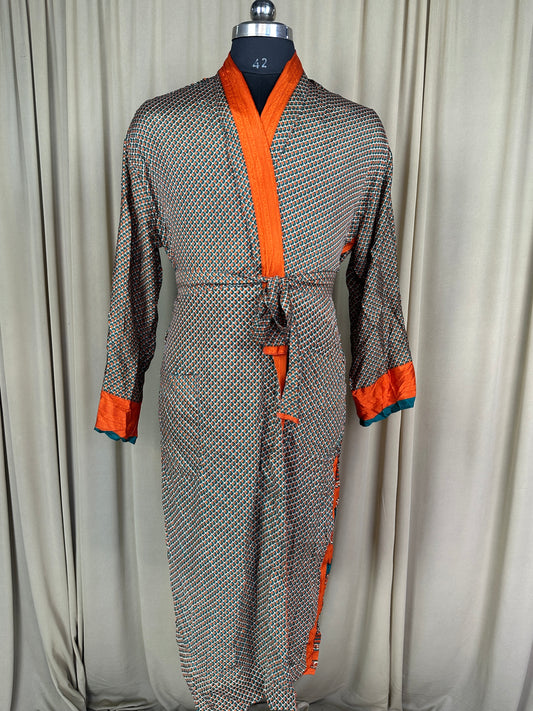 Silky Soft Men’s Kimono Robe Masculine Elegant Classic Sustainable Vintage House Robe gift, Timeless Comfy Lounge Beach Wear Beige Geometric