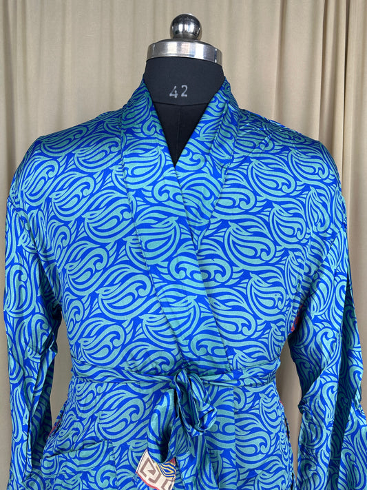 Silky Soft Men’s Kimono Robe, Masculine Elegant Classic Sustainable Vintage House Robe gift, Timeless Comfy Lounge Beach Wear Blue Geometric