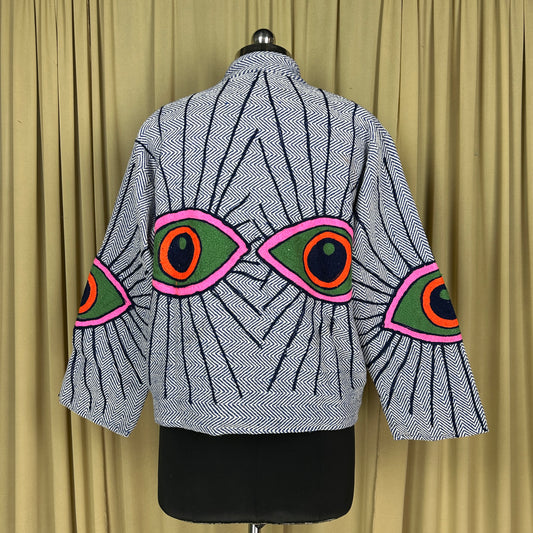 Boho Hand Embroidered Cotton Suzani Jacket | White Geometric Open Front Coat Winter Wear Free Size Retro Chic Free Size Robe Blazer for Her