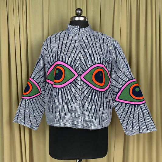 Boho Hand Embroidered Cotton Suzani Jacket | White Geometric Open Front Coat Winter Wear Free Size Retro Chic Free Size Robe Blazer for Her