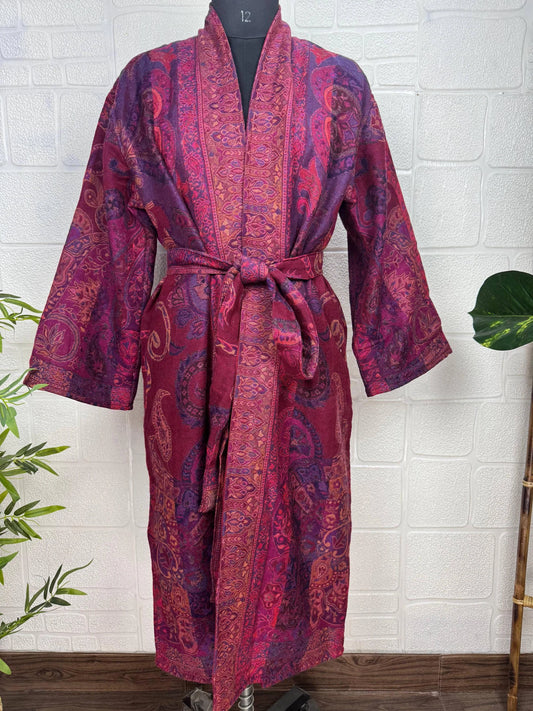 Handmade Merino Wool Kimono Robe: Paisley Floral Jacket, Elegant Cardigan