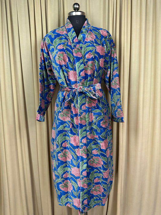 Luxury Velvet Kimono Unisex House Robe | Boho Jacket Autumn Winter Christmas Gift Elegant Reversible Silk Lined | Quirky Gown Blue Floral