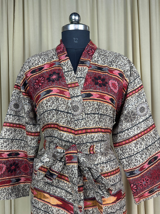 Yak Wool Blend Kimono Robe: Maroon Floral Print, Warm Winter Wear