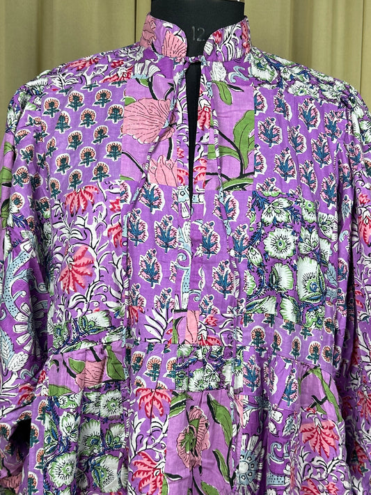 Purple Patchwork Cotton Dress: Hand-Stitched Block Print, Fits XXL