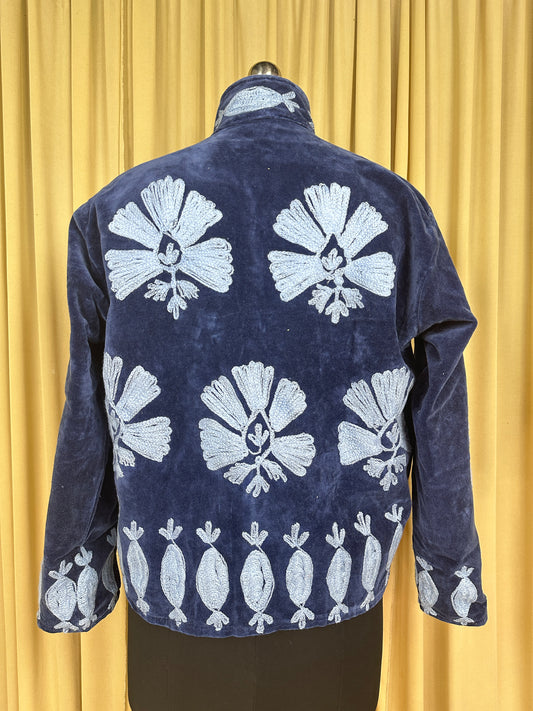 Boho Hand Embroidered Velvet Suzani Jacket, Blue Floral Open Front Coat Winter Wear Free Size Robe Retro Chic Free Size Robe Blazer for Her