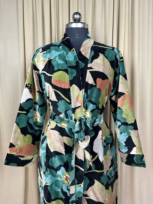 Luxury Velvet Kimono Unisex House Robe | Boho Jacket Autumn Winter Christmas Gift Elegant Reversible Silk Lined | Quirky Gown Black Floral
