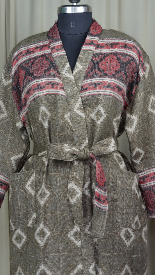 Yak Wool Blend Women Kimono Robe, Cozy Winter Romance Loungewear Brwon Diamond Print Cardigan House Coat with Pockets, Quirky Christmas Gift