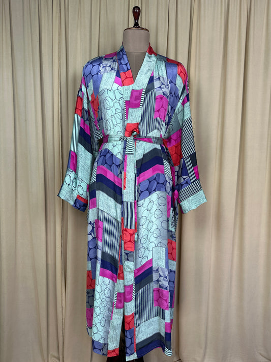 Recycle Silk Sari Women Kimono | Boho Chic Beach Cover Up Vintage Lounge Dressing Robe | Resort Wear Regal Gypsy House Robe, Blue Geometric