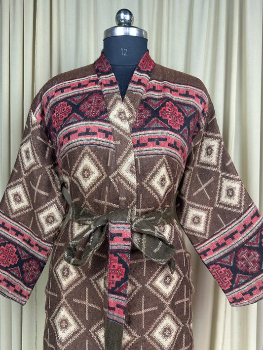 Yak Wool Blend Kimono Robe: Maroon Geometric Print, Warm Winter Wear