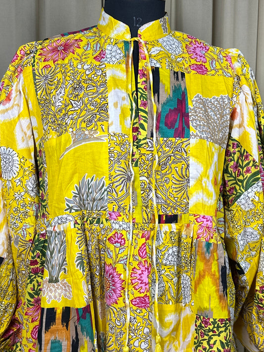 Boho Maxi Dress With Sleeves | Handmade Patchwork Long Flowy Beach Dress, One-of-a-kind Elegant Retro Outfit, Modest Gown with Pockets