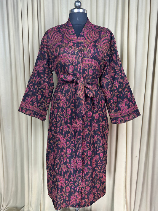 Yak Wool Blend Women Kimono Robe | Cozy Warm Winter Romance Loungewear, Blue Paisley Cardigan House Coat with Pockets, Quirky Christmas Gift