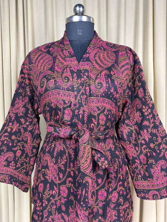 Yak Wool Blend Women Kimono Robe | Cozy Warm Winter Romance Loungewear, Black Paisley Cardigan House Coat with Pockets, Quirky Christmas Gift