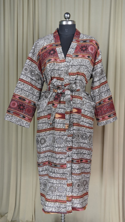 Yak Wool Blend Women Kimono Robe | Cozy Warm Winter Romance Loungewear, White Stripe Cardigan House Coat with Pockets, Quirky Christmas Gift