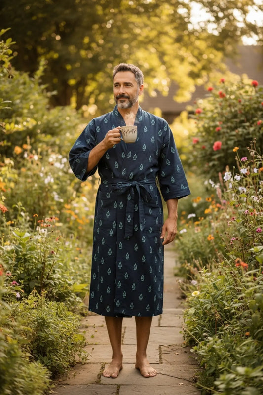 Pure Cotton Handblock Men Kimono | Indian Printed Man House Robe, Boho Beach Coverup Dressing Gown, Lightweight Loungewear, Gift For Him Dad