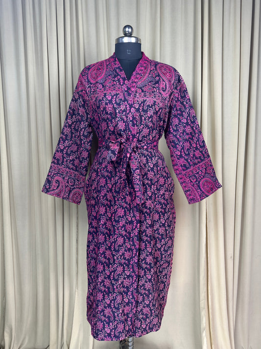 Yak Wool Blend Women Kimono Robe, Cozy Warm Winter Romance Loungewear, Purple Paisley Cardigan House Coat with Pockets Quirky Christmas Gift