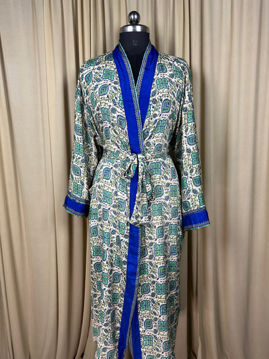 Recycle Silk Sari Women Kimono | Boho Chic Beach Cover Up Vintage Lounge Dressing Robe | Resort Wear Regal Gypsy House Robe, White Floral