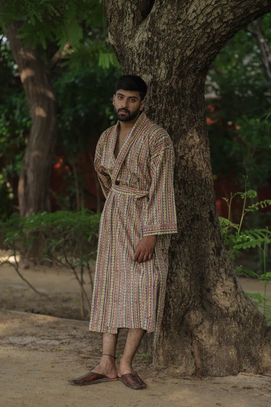 Men’s Striped Cotton Bathrobe, Long Lightweight Lounge Robe with Pockets, One Size Comfortable Breathable Spa Resort Beach CoverUp Housecoat