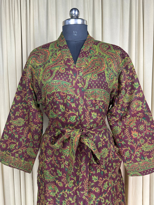 Yak Wool Blend Women Kimono Robe, Cozy Warm Winter Romance Loungewear, Brown Paisley Cardigan House Coat with Pockets, Quirky Christmas Gift