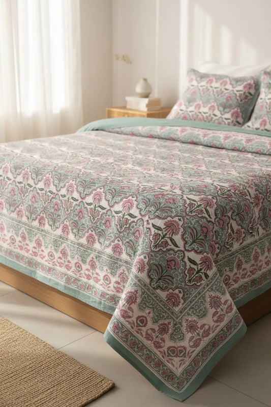 Pure Soft Cotton Bedsheet Set with Pillow Covers | Jaipuri Hand Block Floral,Queen/King Size Summer Bedspread | Boho Home Decor Luxury Gifts