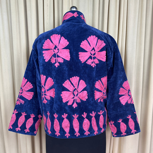 Boho Hand Embroidered Velvet Suzani Jacket, Blue Floral Open Front Coat Winter Wear Free Size Robe Retro Chic Free Size Robe Blazer for Her