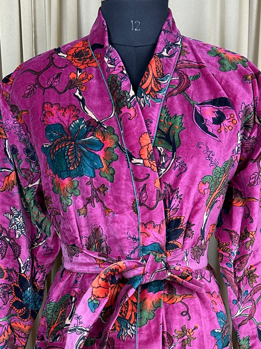 Luxury Velvet Kimono Unisex House Robe | Boho Jacket Autumn Winter Christmas Gift Elegant Reversible Silk Lined | Quirky Gown Pink Floral