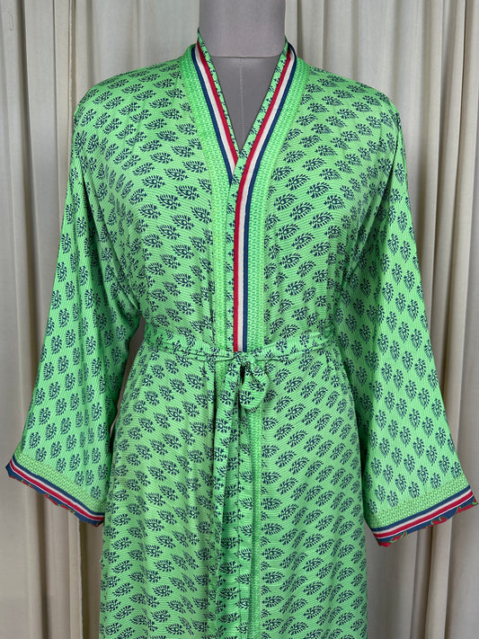 Recycle Silk Sari Women Kimono | Boho Chic Beach Cover Up Vintage Lounge Dressing Robe | Resort Wear Regal Gypsy House Robe, Green Floral