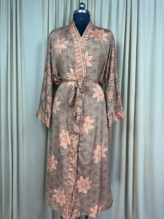 Recycle Silk Sari Women Kimono | Boho Chic Beach Cover Up Vintage Lounge Dressing Robe | Resort Wear Regal Gypsy House Robe | Gray Floral