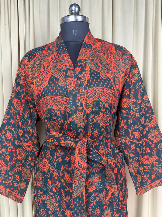 Yak Wool Blend Women Kimono Robe, Cozy Warm Winter Romance Loungewear, Green Paisley Cardigan House Coat with Pockets, Quirky Christmas Gift