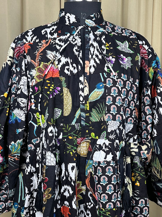 Black Patchwork Cotton Dress: Hand-Stitched Block Print, Fits XXL